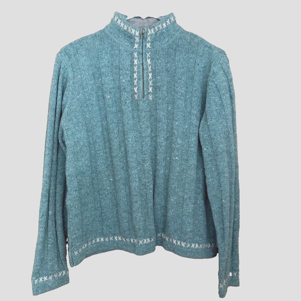 Woolrich Cable Knit 1/4 Zip Mock Neck Sweater M Embroidered Nordic Ski Cabin